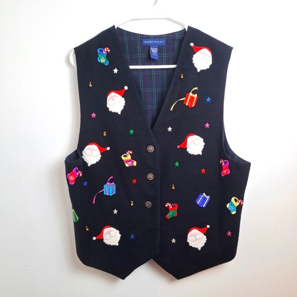 Karen Scott Black Embroidered Christmas Santa Bells Presents Stockings Vest Sz L - Picture 1 of 6